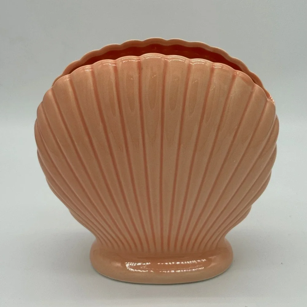 Vintage 80s Peach Ceramic Scallop Shell Fan Vase Japan Art Deco Planter 7x7
